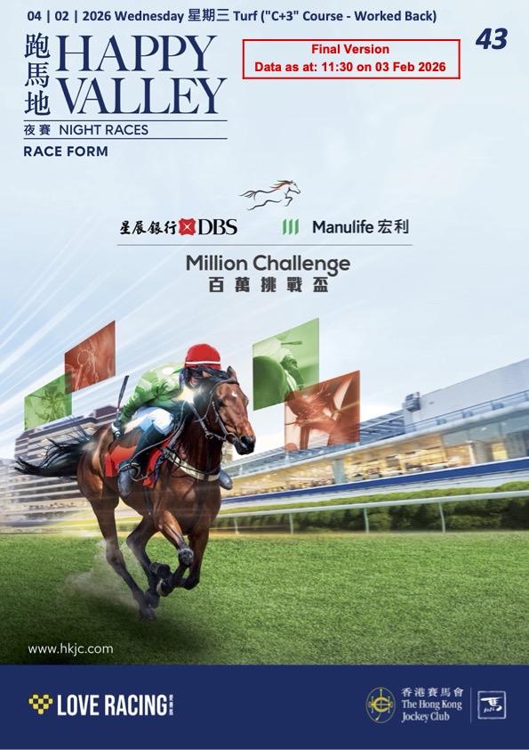 Cliquez sur l'image pour télécharger le programme complet et en couleurs de la réunion PMU/Zeturf du mercredi 4 février 2026 sur l'hippodrome de Happy Valley à Hongkong.