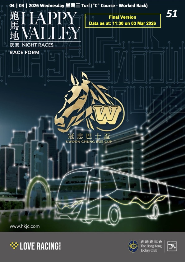 Cliquez sur l'image pour télécharger le programme complet et en couleurs de la réunion PMU/Zeturf du mercredi 4 mars 2026 sur l'hippodrome de Happy Valley à Hongkong.